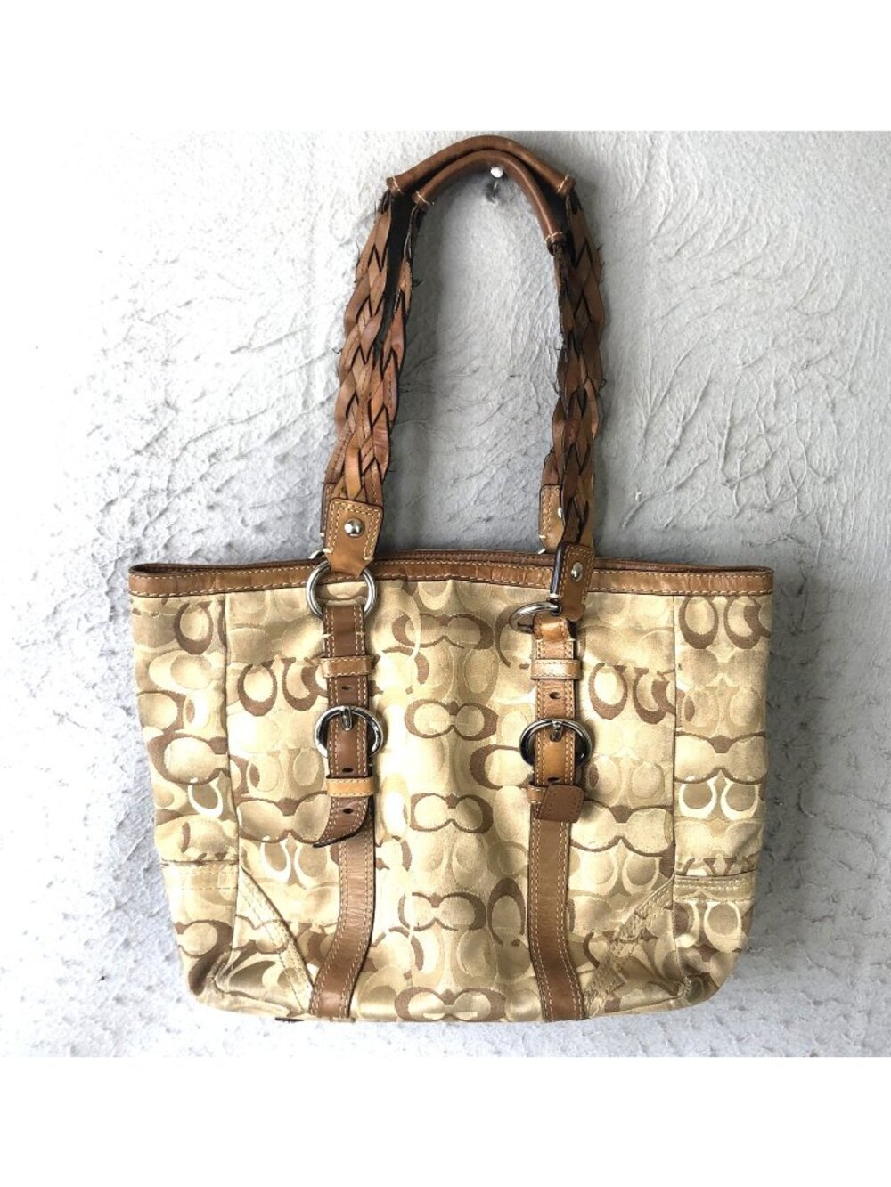 Y2K Coach Bag Womens L Beige Jacquard Leather Shoulder Monogram Signature